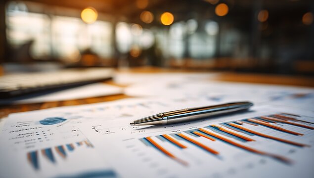 Financial reports with charts and pen on desk. Analyzing budget and data for nonprofit organization. Pie chart and bar graphs display fund distribution.