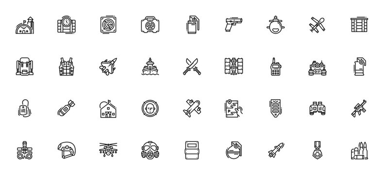 Military icon set. Vector symbols for base, bomb, radar, tank, aircraft, submarine, gun, helmet and more. Editable thin line illustration.