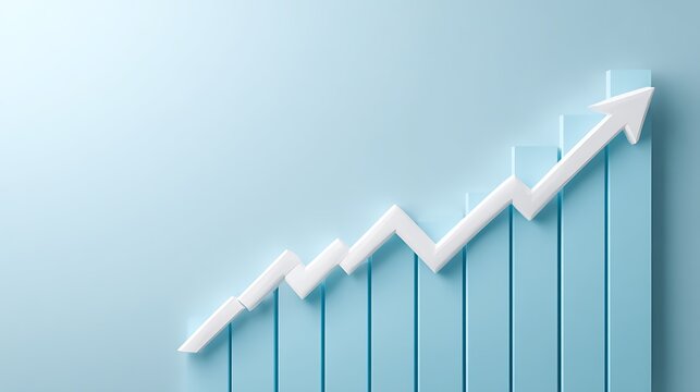 Blue arrow pointing upward on white background representing financial growth, market success, and positive business development trajectory