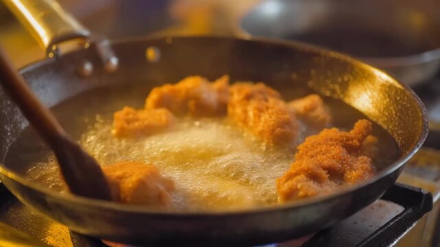 Crispy breaded chicken cutlets sizzling in hot oil in a pan being flipped with a wooden spoon, Breaded chicken cutlet sizzles in hot oil, Crispy golden surface browns evenly in the pan.