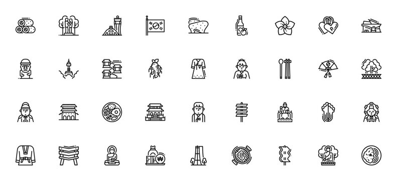 Korea icon set. Vector symbols for Seoul, Busan, kimchi, bibimbap, hanbok, taekwondo, soju, won and more Korean culture, food and travel.