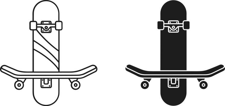 Skateboard vector icons set, minimalist black and white skating equipment, longboard deck and wheels graphic elements