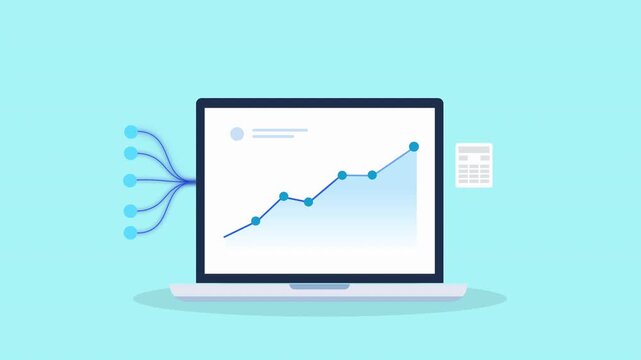 Animated business analytics dashboard on a laptop with a document file icon, representing data reporting, documentation, analysis, and digital business insights.