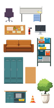 Vector furniture and office equipment constructor set. Flat design workspace assets with sofa, lockers, desk, storage shelves, tools, and potted plant. Customizable interior kit for scene creation.