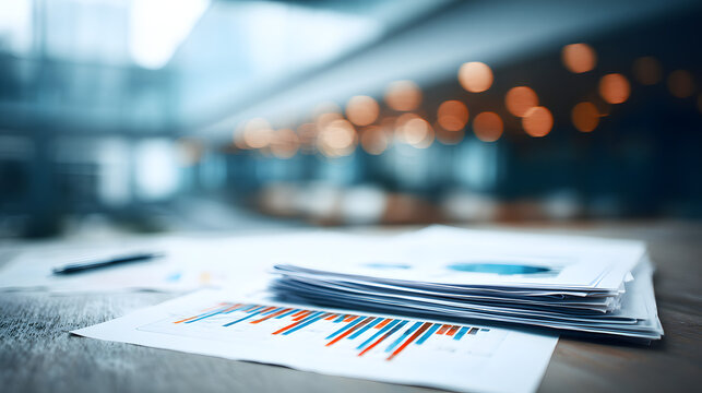 Professional business reports and data charts on wooden table with blurred office interior background.