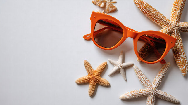 Sunglasses and Starfish on White Background, Vivid Summer Lifestyle Flat Lay