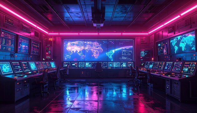 Futuristic Command Center with Neon Lights and World Map Display.