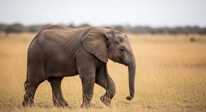 Young Elephant Walking Across Grassland in Open Savanna