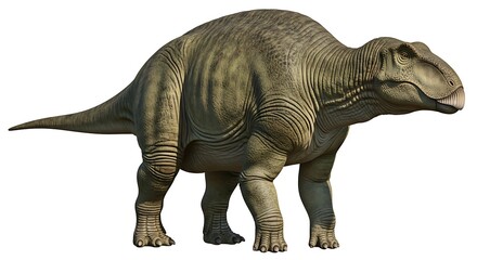 Fototapeta premium A detailed side profile of a large, herbivorous dinosaur with textured greenish-brown skin, standing on a white background.