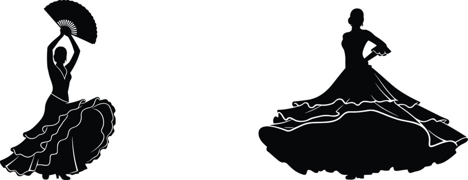 Flamenco dancer silhouettes with fan elegant Spanish dance poses traditional costume black vector illustration set