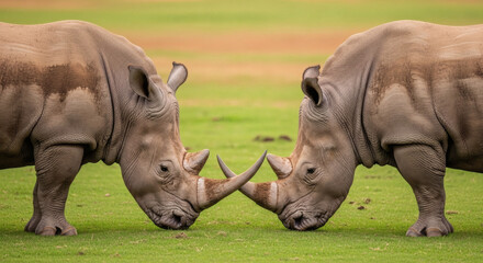 Naklejka premium Two White Rhinoceroses Facing Each Other with Horns Touching