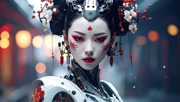 Futuristic Geisha Cyborg with Cyberpunk Aesthetics and Traditional Japanese Elements.