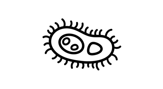 Hand-drawn illustration of a single bacterium with flagella, isolated on white background