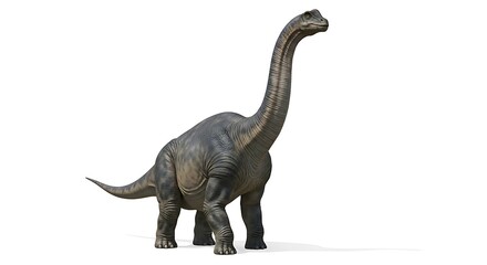 Obraz premium A detailed 3D rendering of a majestic long-necked sauropod dinosaur, possibly a Brachiosaurus or Apatosaurus, standing on a clean white background.