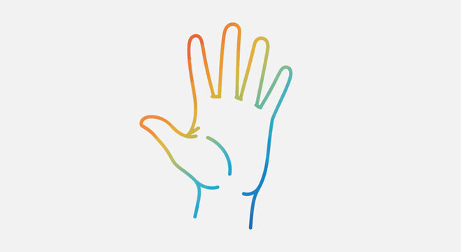 Colorful hand outline showing five fingers, rainbow gradient, isolated on white background