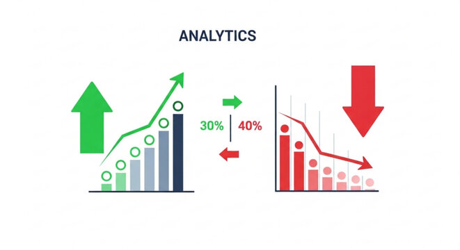 A vector graphic illustration of analytics with two contrasting bar graphs showing growth and decline trends with green and red arrows vector