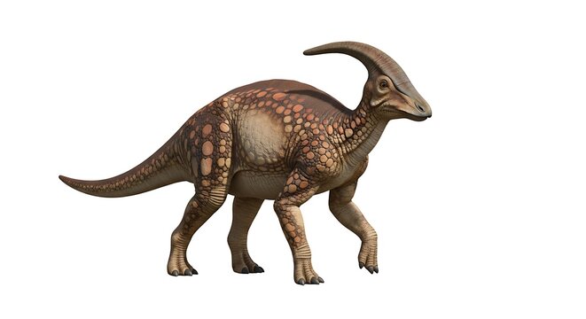 A detailed illustration of a Parasaurolophus dinosaur walking, depicted with brown and spotted skin, on a white background.