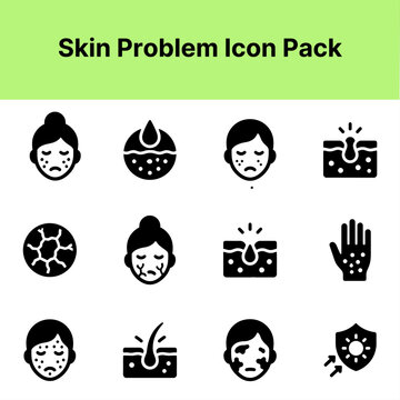Skin Problem Icon Pack Containing acne rash skin irritation allergy dermatology pore infection and skin care icons Solid icon collection