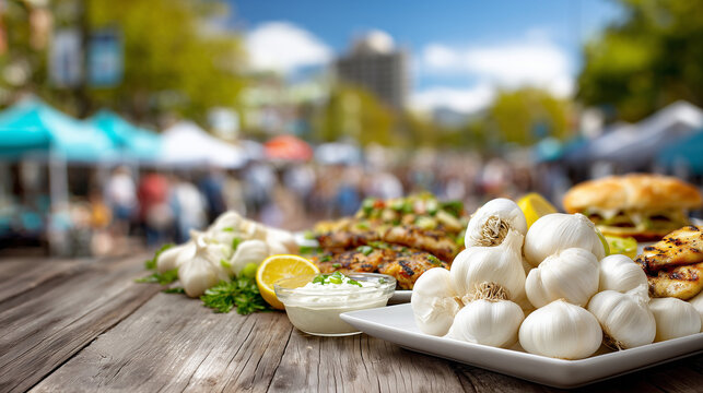 Delicious food display at Gilroy Garlic Festival outdoor event with mushrooms and seafood