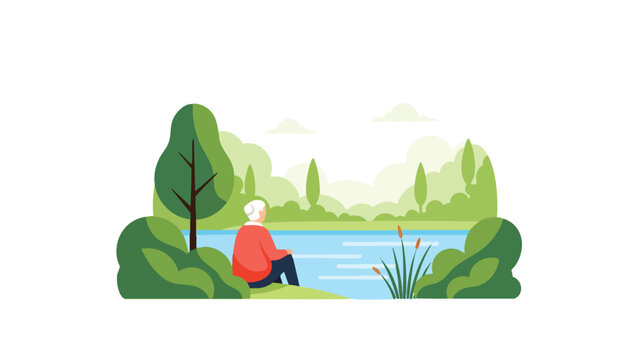 Senior enjoying peaceful lakeside nature scene, calm reflection, retirement lifestyle