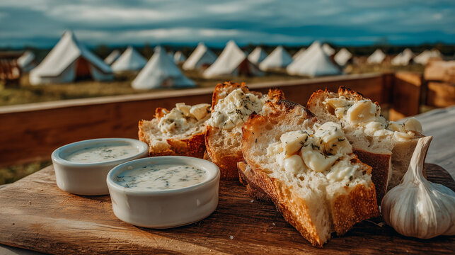 Garlic bread served at Gilroy Garlic Festival outdoor food event with tent view