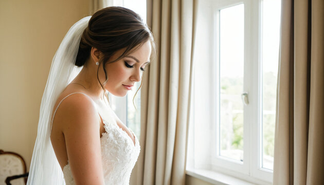 Braut im wei&szlig;en Kleid am Fenster
