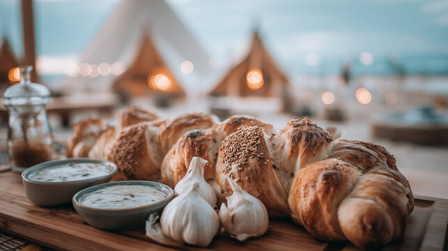 Garlic breads and bulbs on display at Gilroy Garlic Festival outdoors