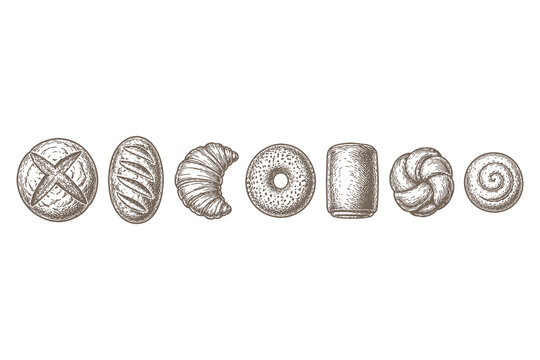 Horizontal row vector illustration of assorted bakery items including sourdough croissant bagel and bun in a vintage engraving style for border design