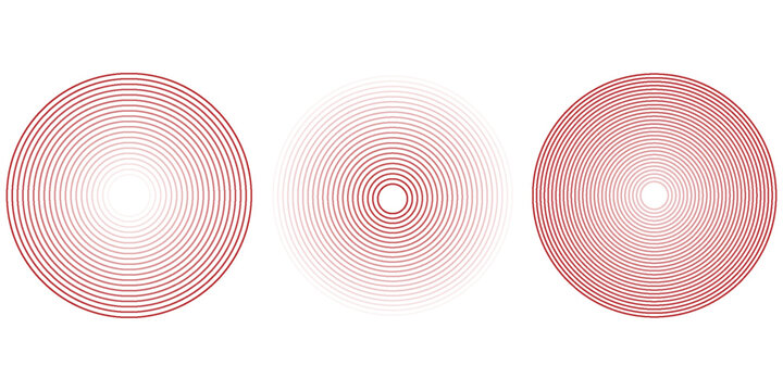 Pain red circles. Pain localization sign and pain pointings. Red rings. Sonar waves. Set of radar icons. Symbols for medical design. Vector illustration.