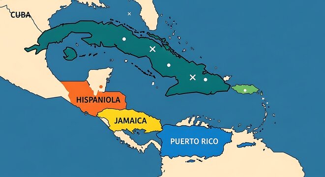 Colorful Caribbean Map Highlighting Hispaniola Jamaica and Puerto Rico