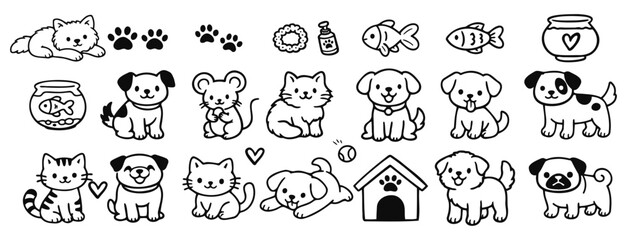 Fototapeta premium Big bundle of cute pet doodle illustrations including cats, dogs and accessories for stickers and design use