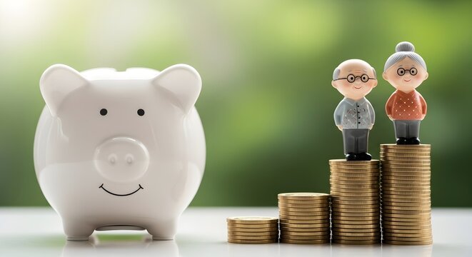 Mutual fund Love couple senior and piggy bank with stack of coins mone