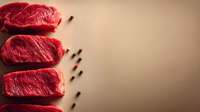 Several raw steaks with peppercorns arranged vertically on beige surface, ready for cooking and seasoning.