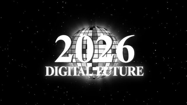 2026 digital future animation, 2026 digital future in large neon-pink numbers over a mirrored globe