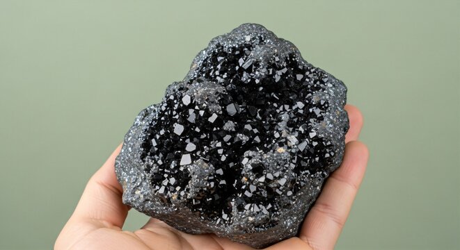 Hand holding a raw piece of Pitchblende mineral ore, dark textured rock, plain sage green background.