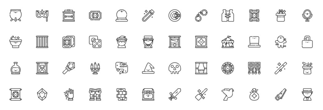 Magic icon set. Vector illustration pack with cauldron, mask, wand, spell book, crystal ball, potion, tarot, wizard hat and more mystical symbols.