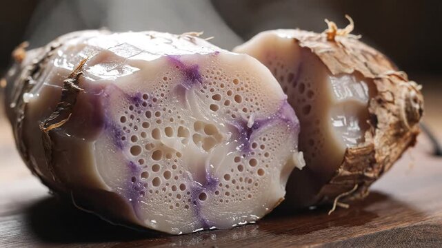Closeup of a cut taro root revealing its unique texture and purple patterns.