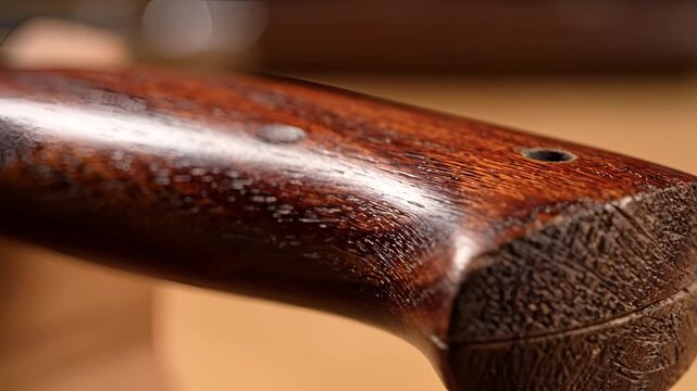 Closeup of a vintage wooden gun stock with intricate grain patterns.
