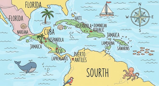 Colorful Map of Caribbean and Central American Islands with Ocean Life