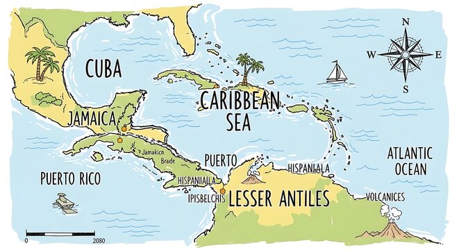 Bright Cartoon Map of Caribbean and Lesser Antilles
