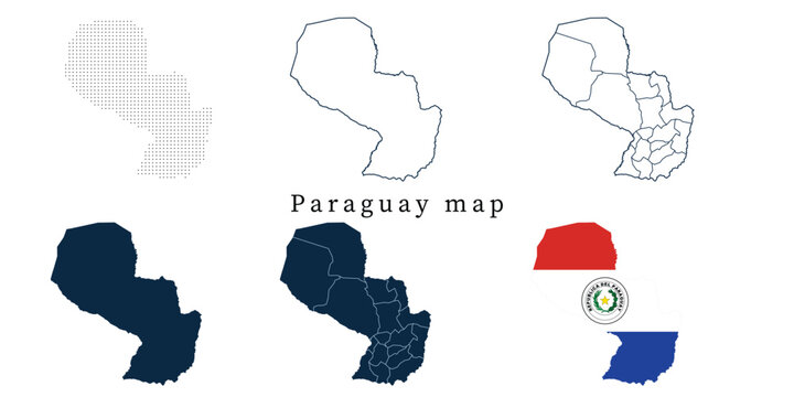 Paraguay Map Set - Vector Outline, Silhouette, Flag and Administrative Departments