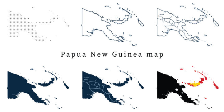 Papua New Guinea Map Set - Vector Outline, Silhouette, Flag and Administrative Provinces