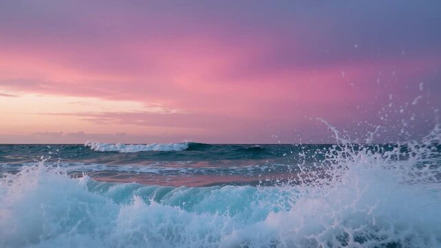 Vibrant Pink and Purple Sunset over Ocean Waves Crashing on the Shore Cinematic Seascape