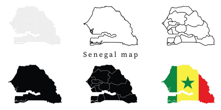 Senegal Map Set - Vector Outline, Silhouette, Flag and Administrative Regions