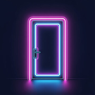 Abstract neon door outline with glowing pink and blue light strips on a dark background. Cyberpunk style door frame with a luminous handle and vibrant reflection on the floor.