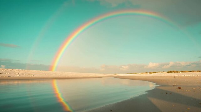 Vibrant Rainbow Arching over Calm Water Reflection at Sunrise or Sunset in a Serene Landscape