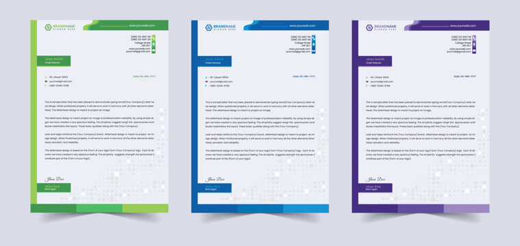 Letterhead Three colorful letterhead templates with green, blue, and purple borders on a light gray background for business correspondence template