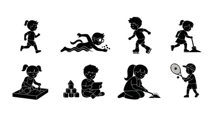 Obraz premium Set of Children Playing Activities Silhouettes