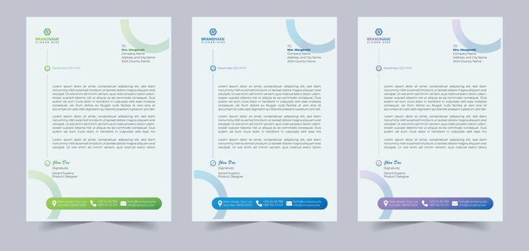 Letterhead Three sample letterhead templates with colorful designs and Arabic text on a light gray background template