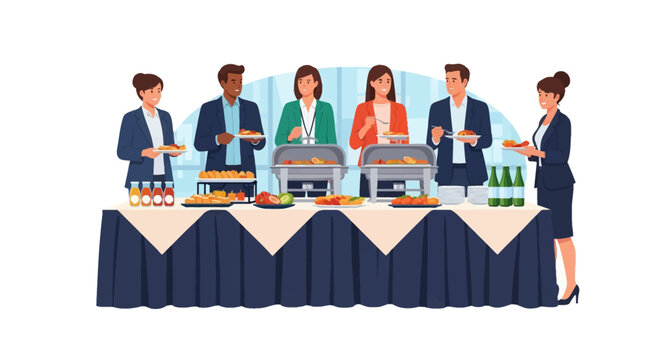 A group of diverse professional business people in suits standing at a long catering buffet table with food platters, chafing dishes, and drinks during an office meeting lunch.